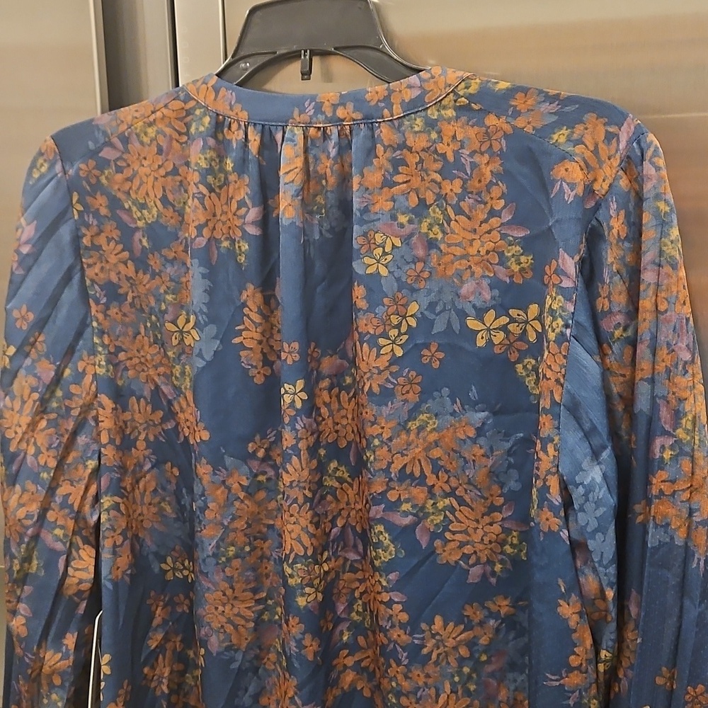 💕SKIES ARE BLUE💕Long-Sleeve Button-Down Blouse ~ Teal Mustard Print  NWT - Picture 10 of 14